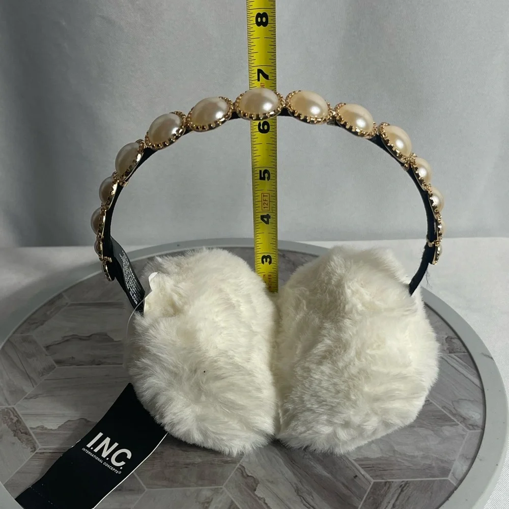 INC International Concepts Faux Fur Pearl Headband Earmuffs Ivory One Size NWT